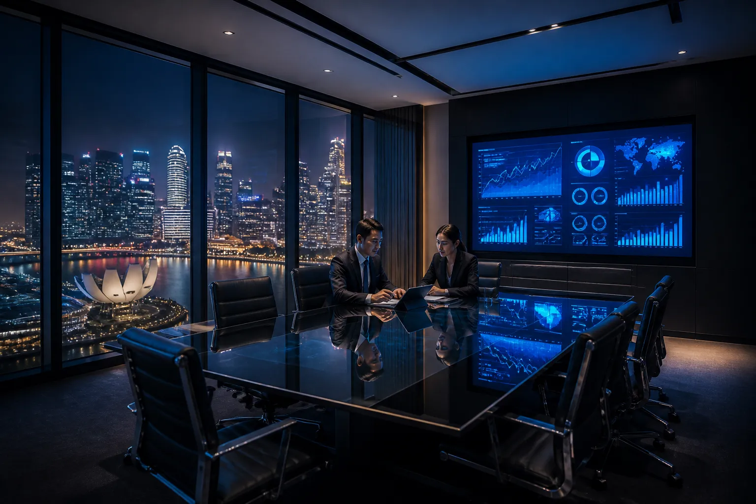 Business professionals reviewing performance marketing analytics in a modern Singapore boardroom at night