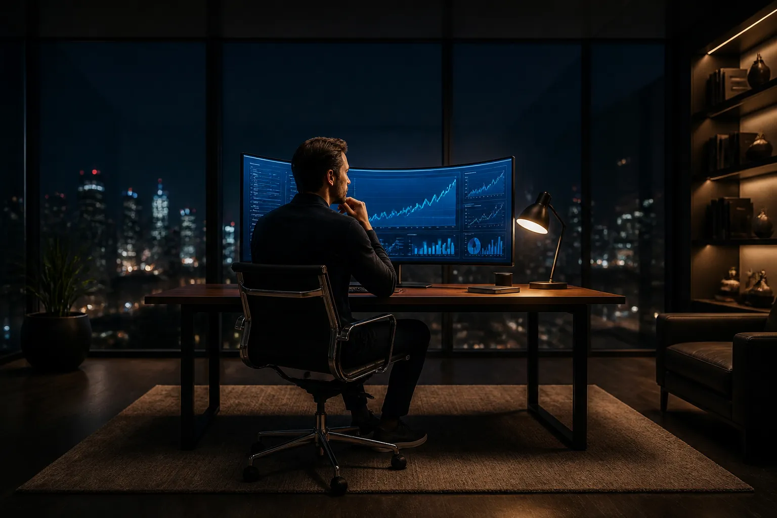 Entrepreneur reviewing performance marketing analytics in a modern office