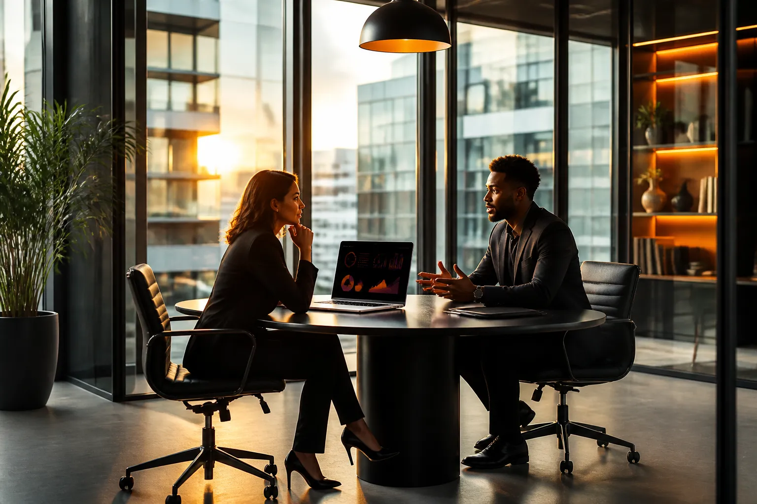 Two business professionals in a focused strategy session reviewing marketing performance data